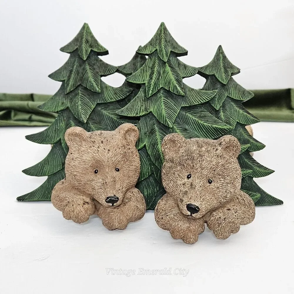 Vtg 3D Resin Brown Bear Pine Tree Towel Holder Hooks Rustic Cabin decor Set of 2